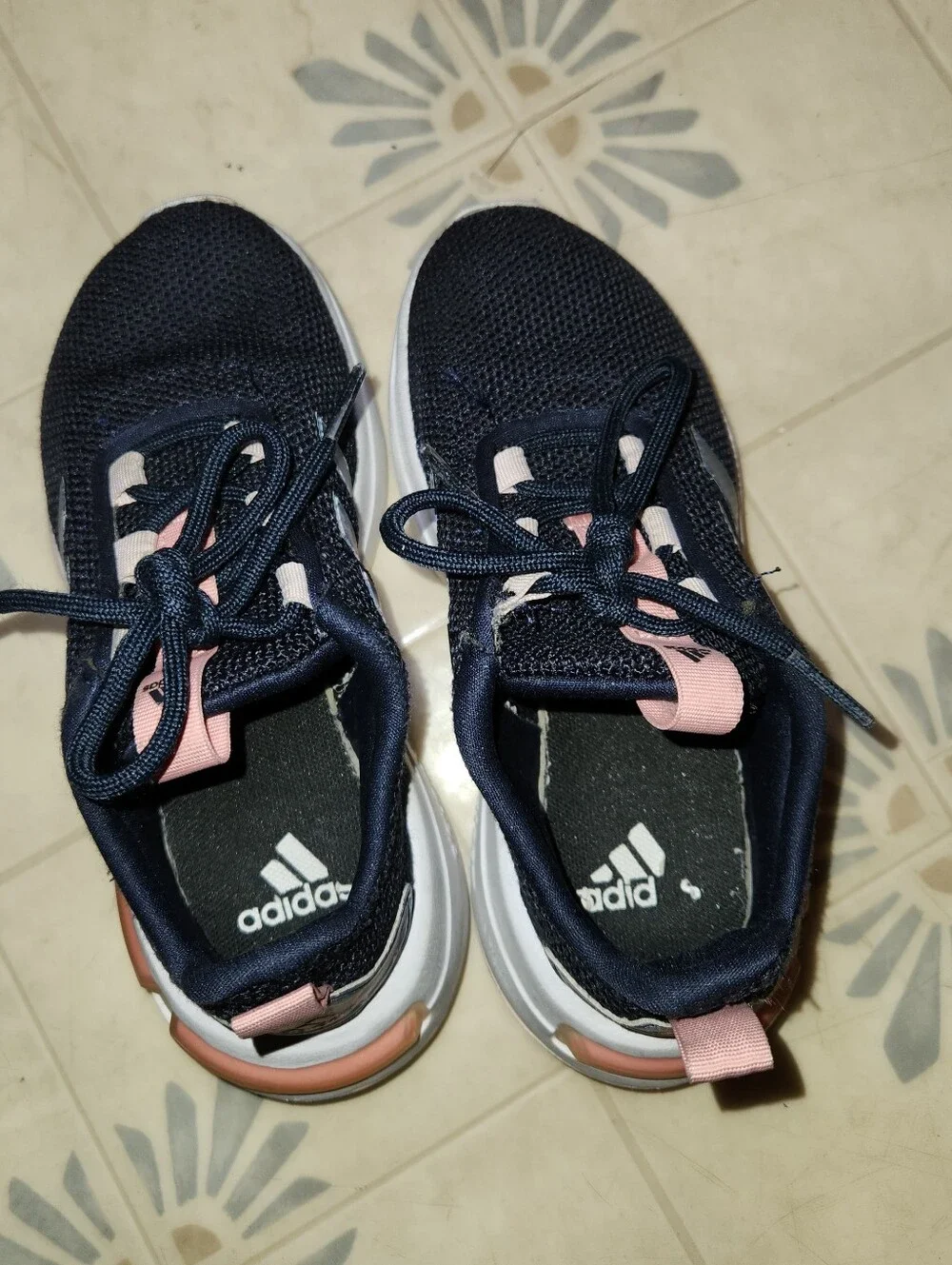 adidas Girls Kids Navy Mesh Sneakers with Light Pink Details